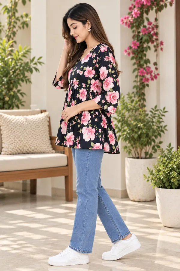 Black_Cotton_Floral_Print_Flared_Tunic_For_Women