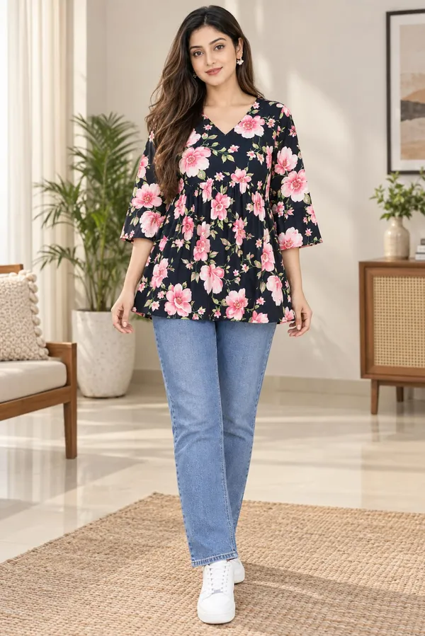 Black_Cotton_Floral_Print_Flared_Tunic_For_Women