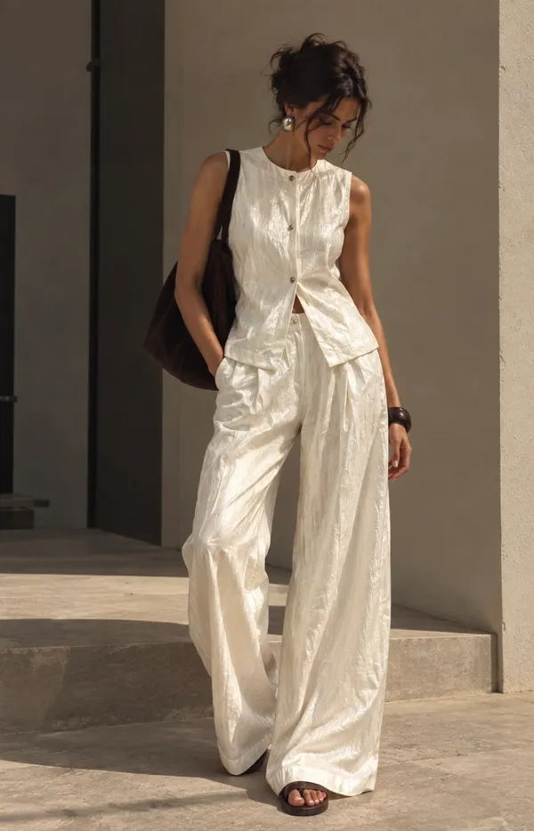 White_Cotton_Textured_Sleeveless_Coord_Set_For_Women