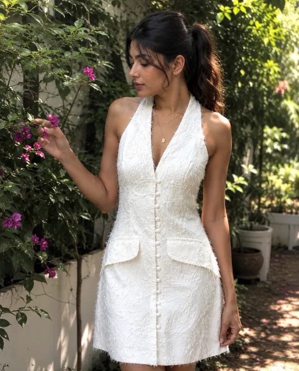 White_Cotton_Linen_Textured_Halter_Mini_Dress_For_Women