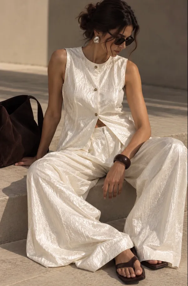 White_Cotton_Textured_Sleeveless_Coord_Set_For_Women