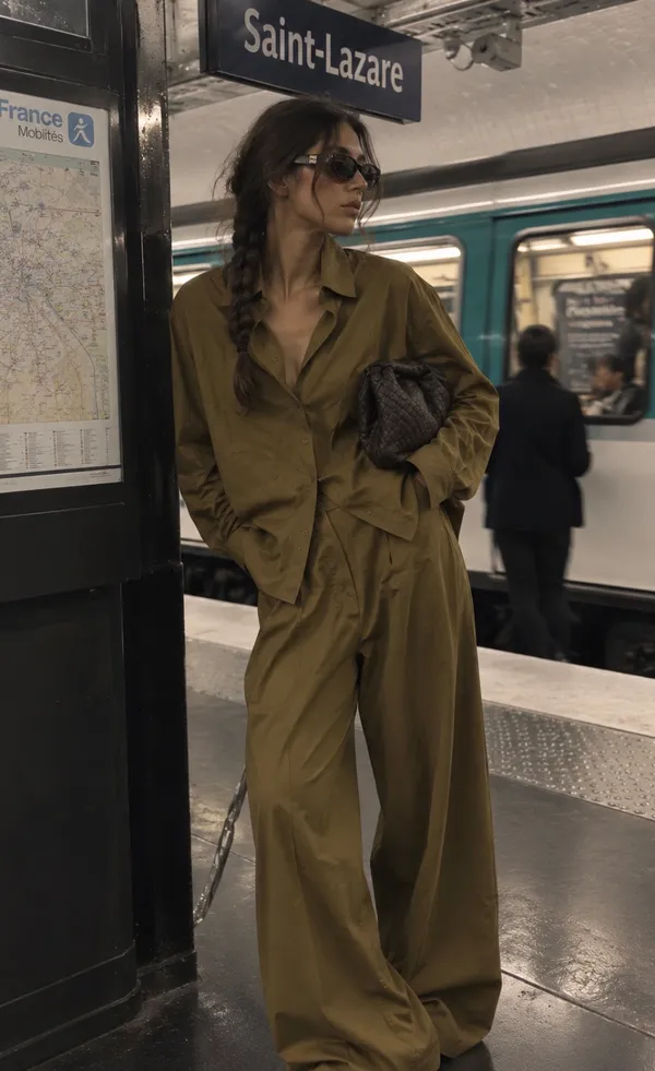 Olive_Cotton_Relaxed_Fit_Shirt_And_Wide_Leg_Pants_Set_For_Women