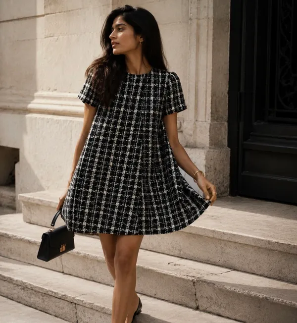 Black_Tweed_Plaid_A-Line_Mini_Dress_For_Women