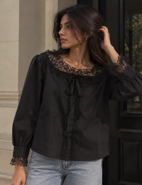 Black_Cotton_Lace_Trim_Loose_Fit_Blouse_For_Women