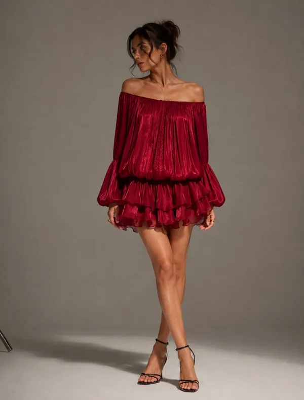 Red_Poly_Off_Shoulder_Ruffle_Mini_Dress_For_Women