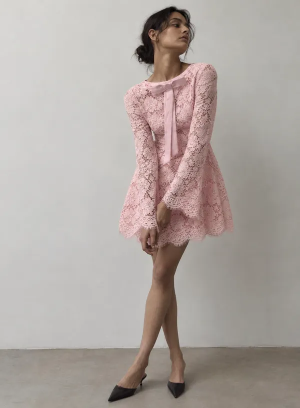 Pink_Net_Lace_Flared_Mini_Dress_For_Women