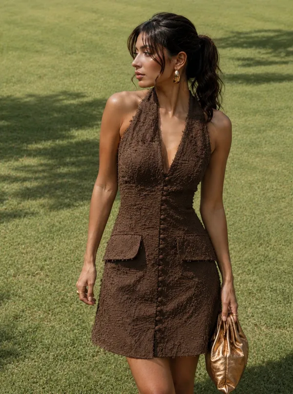 Brown_Cotton_Linen_Textured_Halter_Mini_Dress_For_Women