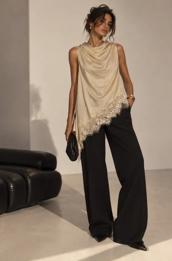Beige_Satin_Draped_Asymmetrical_Lace_Hem_Top_For_Women