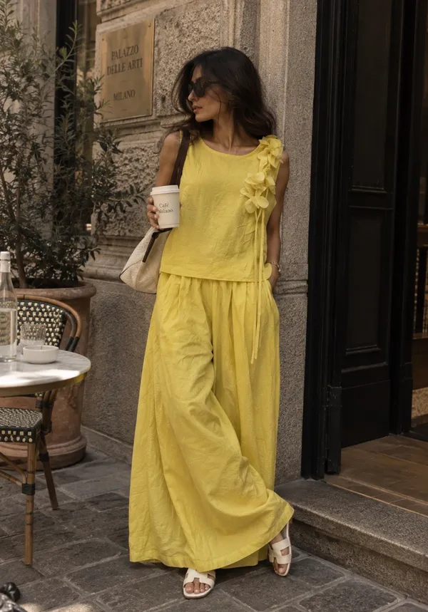 Yellow_Cotton_Silk_Wide_Leg_Sleeveless_Coord_Set_For_Women