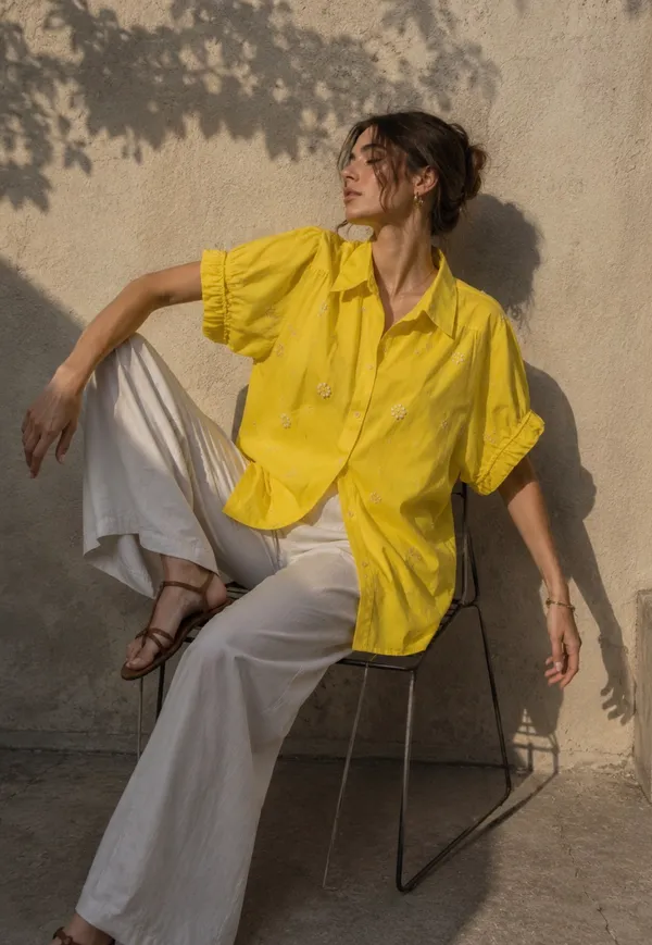 Yellow_Cotton_Embroidered_Ruffle_Sleeve_Shirt_For_Women