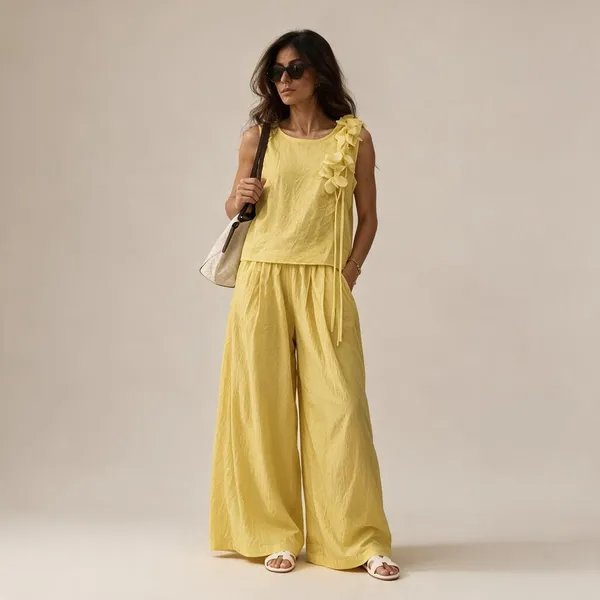 Yellow_Cotton_Silk_Wide_Leg_Sleeveless_Coord_Set_For_Women