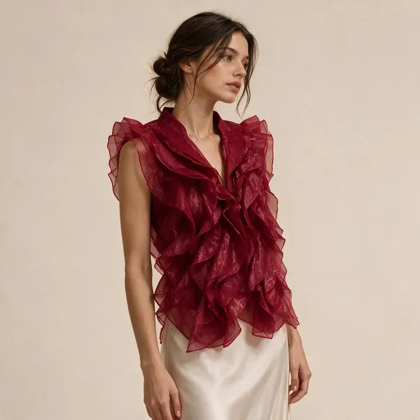 Red_Crepe_Organza_Ruffled_Sleeveless_Top_For_Women