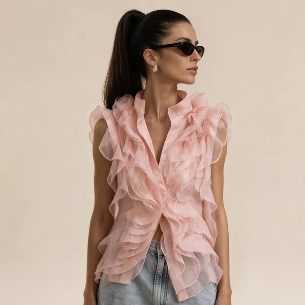 Pink_Crepe_Organza_Ruffled_Sleeveless_Top_For_Women
