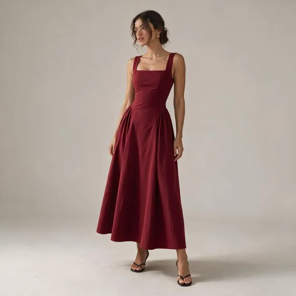 Red_Poly-Cotton_Square_Neck_Flared_Maxi_Dress_For_Women