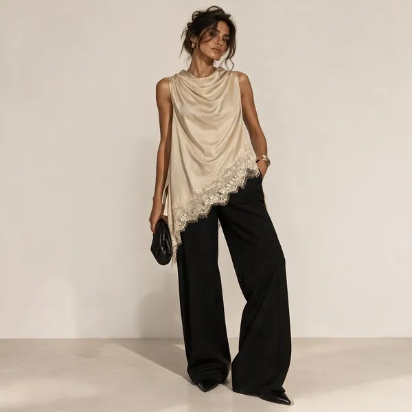 Beige_Satin_Draped_Asymmetrical_Lace_Hem_Top_For_Women
