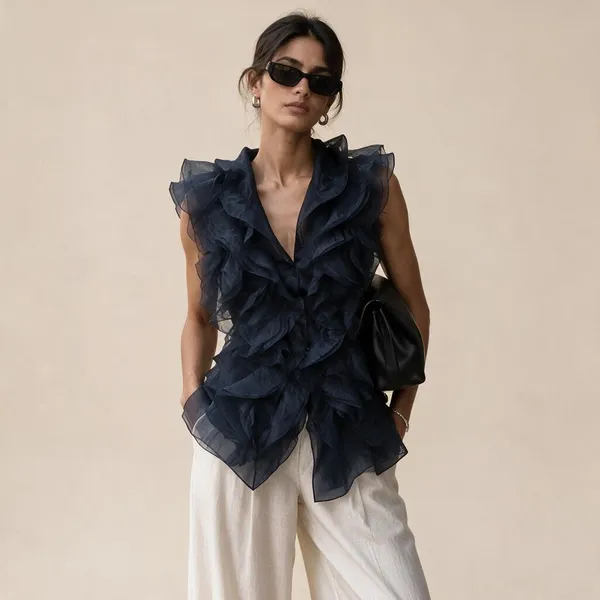 Navy_Crepe_Organza_Ruffle_Top_For_Women