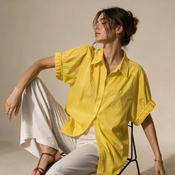 Yellow_Cotton_Embroidered_Ruffle_Sleeve_Shirt_For_Women