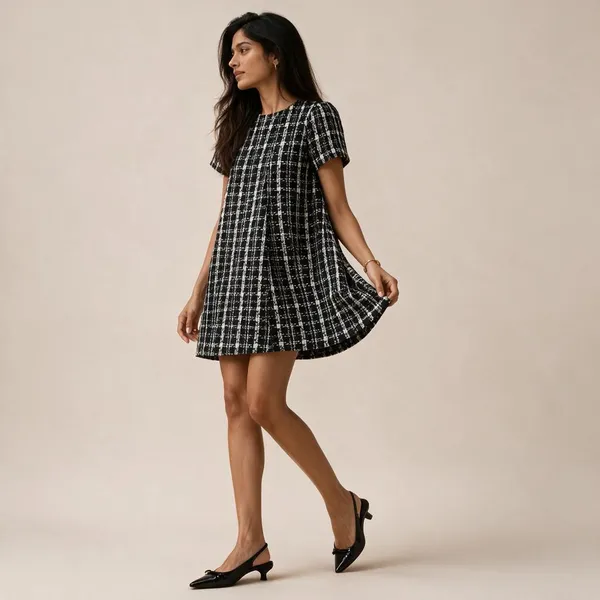 Black_Tweed_Plaid_A-Line_Mini_Dress_For_Women