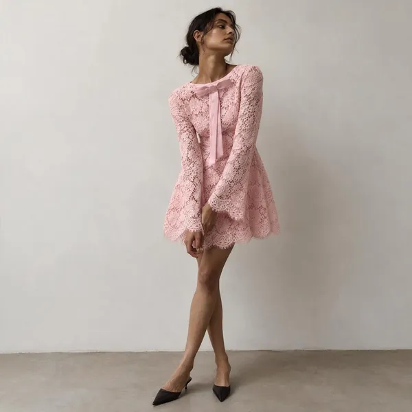 Pink_Net_Lace_Flared_Mini_Dress_For_Women