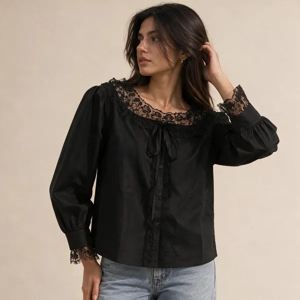 Black_Cotton_Lace_Trim_Loose_Fit_Blouse_For_Women
