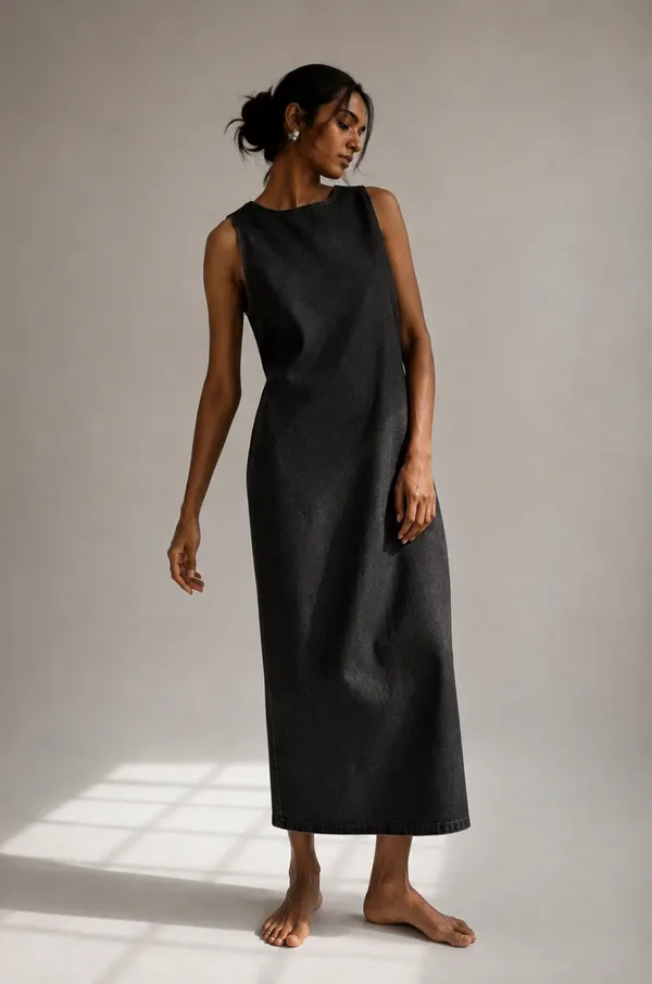 Black_Denim_Sleeveless_Midi_Dress_For_Women
