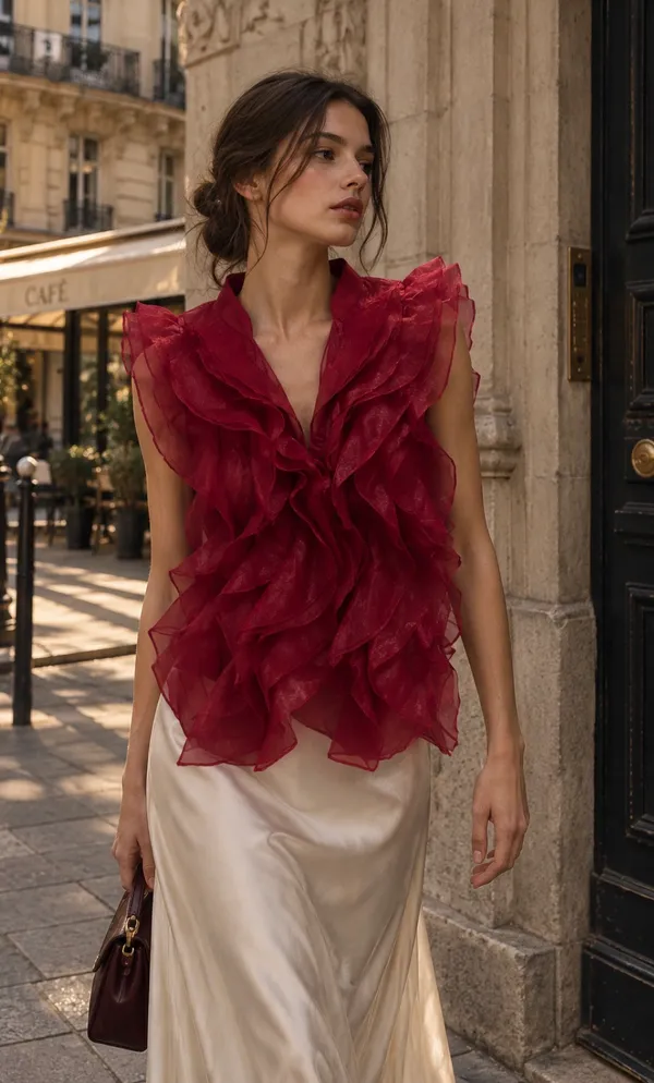 Red_Crepe_Organza_Ruffled_Sleeveless_Top_For_Women