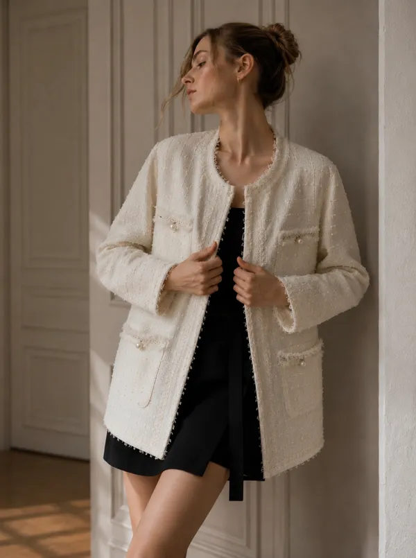 White_Tweed_Open_Front_Jacket_For_Women
