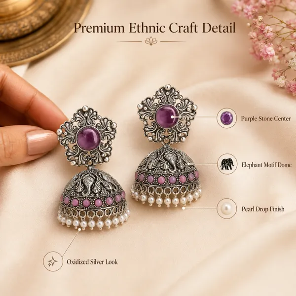 Purple_&_Silver_oxidise_With_Pearl_Work_elephant_Jhumka_Earrings_For_Women_&_Girls_