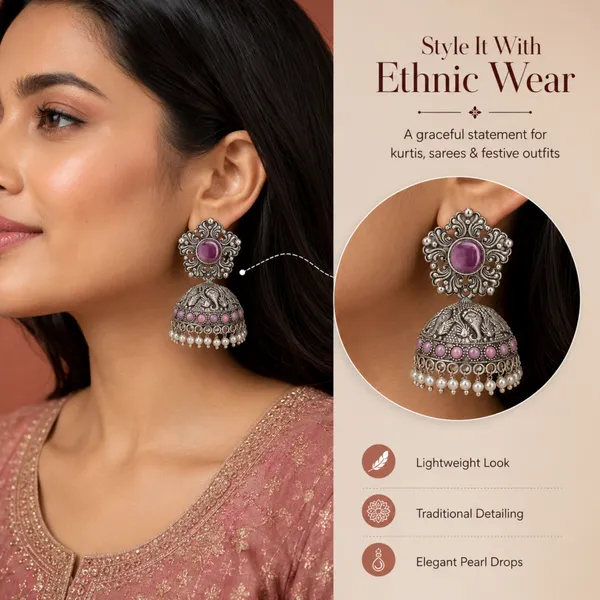 Purple_&_Silver_oxidise_With_Pearl_Work_elephant_Jhumka_Earrings_For_Women_&_Girls_