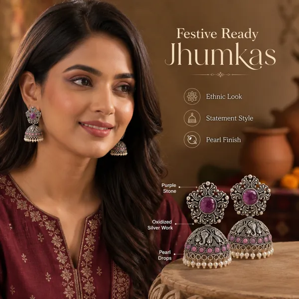 Purple_&_Silver_oxidise_With_Pearl_Work_elephant_Jhumka_Earrings_For_Women_&_Girls_