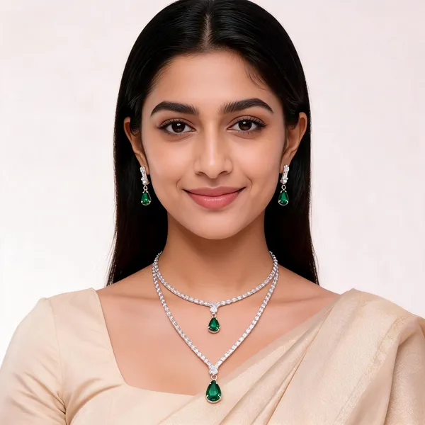 Silver_&_Green_Diamond_Stone_Teardrop_Necklace_Set_For_Women_&_Girls_
