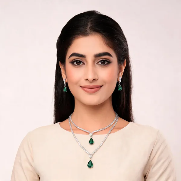 Silver_&_Green_Diamond_Stone_Teardrop_Necklace_Set_For_Women_&_Girls_