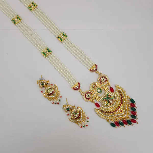 Gold_Tone_Pearl_Beaded_Temple_Necklace_Set_With_Earrings