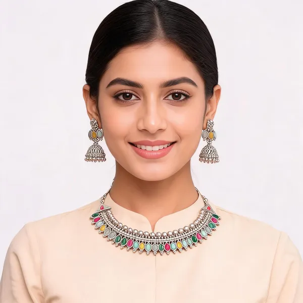 Multicolor_Oxidised_Metal_Necklace_And_Earring_Set_For_Women_&_Girls_
