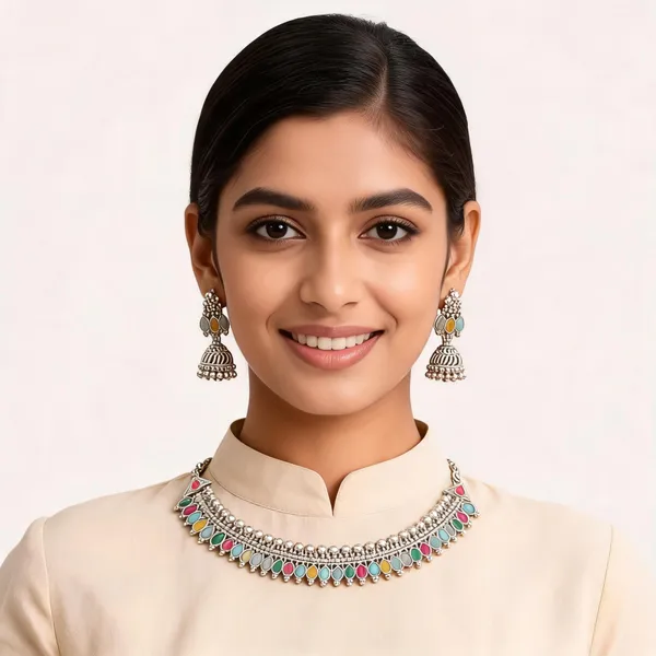 Multicolor_Oxidised_Metal_Necklace_And_Earring_Set_For_Women_&_Girls_
