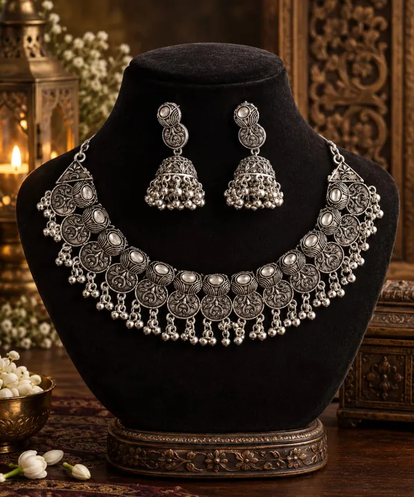 Silver-Tone_Oxidised_Necklace_Set_for_Women