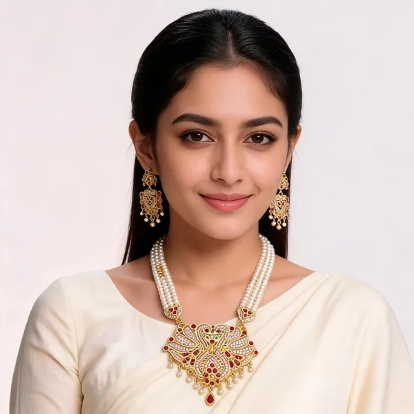Gold_&_Pearl_White_Metal_Necklace_And_Earring_Set_For_Women