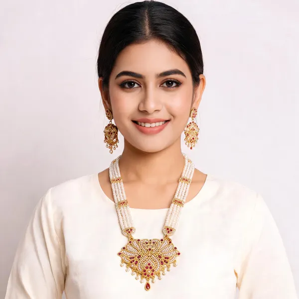Gold_&_Pearl_White_Metal_Necklace_And_Earring_Set_For_Women