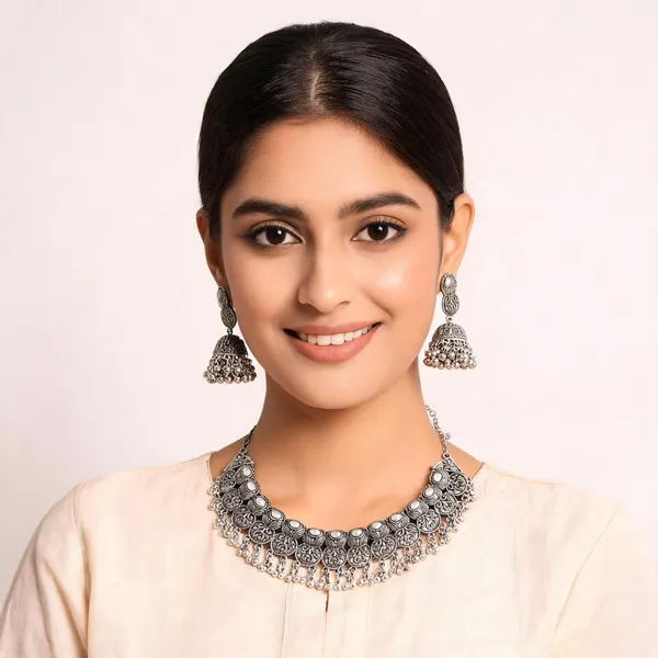 Silver_oxidise_Metal_Necklace_Set_For_Women_&_Girls_