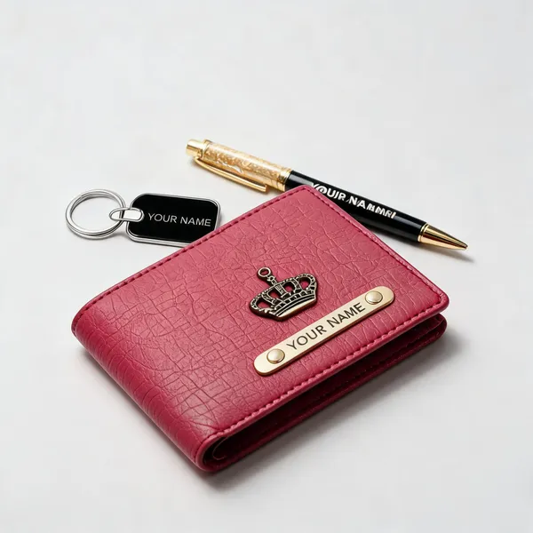 Pink_Leather_Textured_Personalized_Wallet_Gift_Set_For_Men