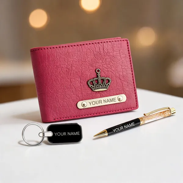 Pink_Leather_Textured_Personalized_Wallet_Gift_Set_For_Men