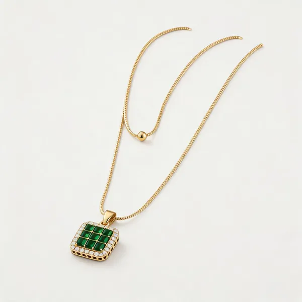 Gold_Green_Stainless_Steel_Green_Stone_Layered_Necklace_For_Women