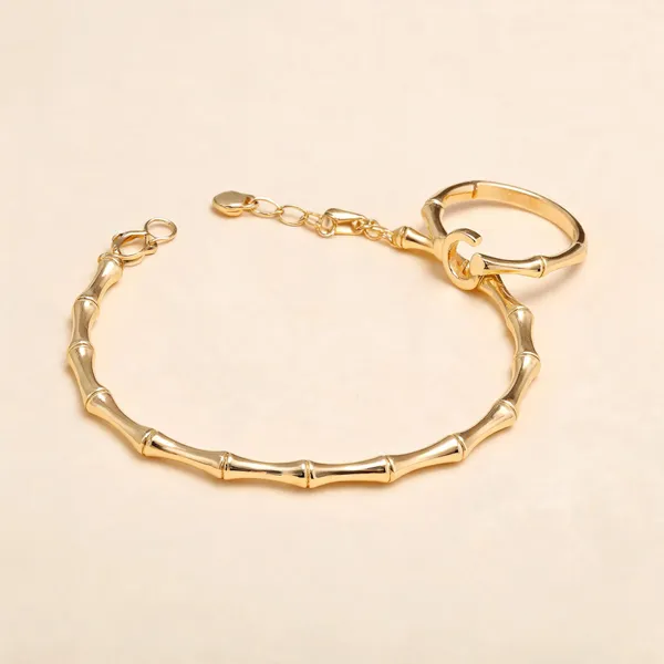 Gold_Bamboo-Shape_Bracelet_And_Adjustable_Ring_Set_For_Women
