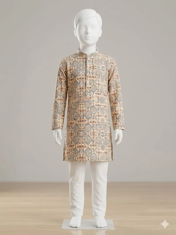 Beige_Printed_Regular_Fit_Kurta_Set_for_Boys