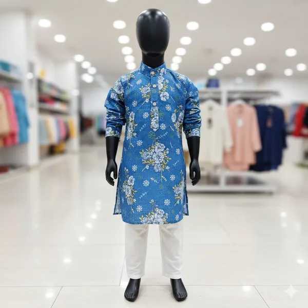 Blue_Floral_Print_Straight_Kurta_Set_For_Men