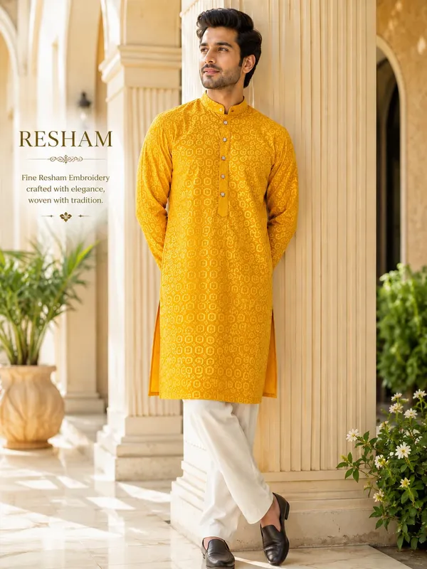 Yellow_Resham_Embroidered_Straight_Kurta_for_Men
