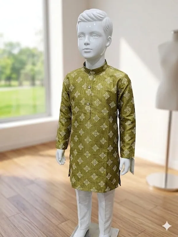 Olive_Green_Jacquard_Kurta_Set_for_Boys