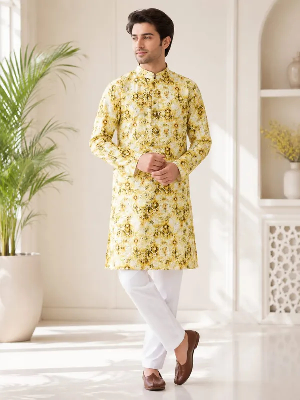 Yellow_Floral_Print_Regular_Fit_Kurta_for_Men