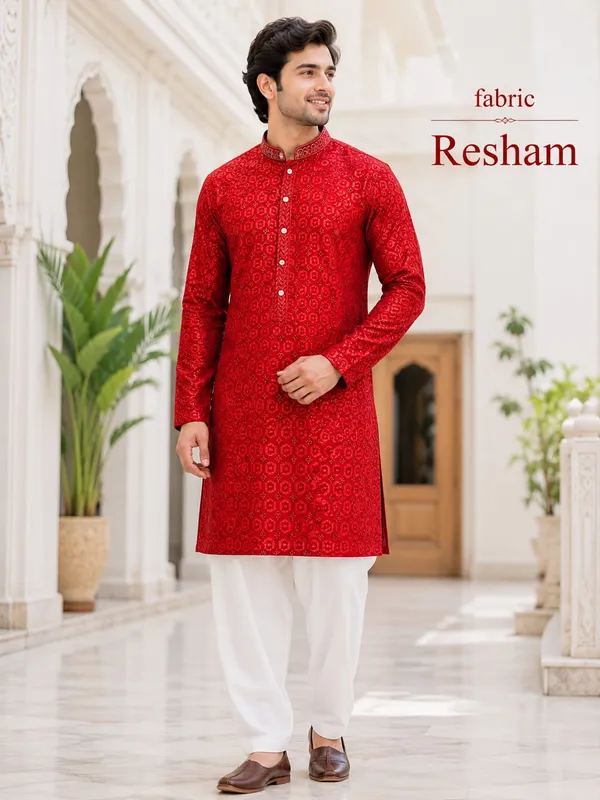 Red_Resham_Printed_Straight_Kurta_For_Men