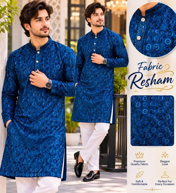 Blue_Resham_Printed_Kurta_for_Men